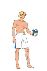 Young man holding volleyball in beachwear on white background  