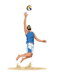 Man makes an attacking blow in a game of beach volleyball