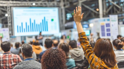 Attendees raise their hands during a conference presentation with a projected graph displayed on a large screen, showcasing audience participation and engagement within the event's setting