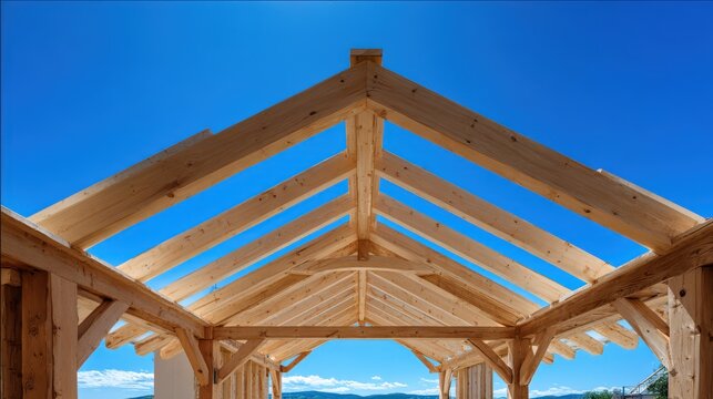 Wooden structure showcases a roof framework with clear blue sky visible through the rafters, highlighting natural wood grain and architectural design elements.