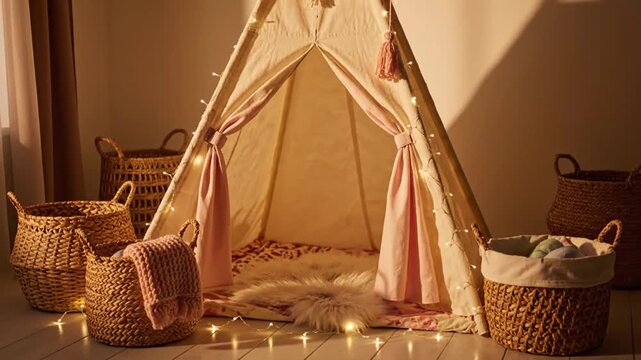 Cozy Playroom Setup Featuring a Stylish Teepee Tent and Decorative Baskets