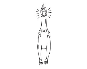 Funny screaming rubber chicken toy, squawking chicken icon doodle hand drawn. Outline line drawing clipart symbol © Yanka