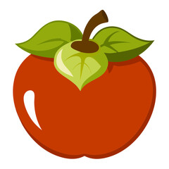 Illustration of a red persimmon fruit with green leaves, , showcasing its unique shape and vibrant color