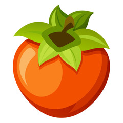 Illustration of a vibrant persimmon fruit with green leaves, , showcasing its unique shape and bright orange color