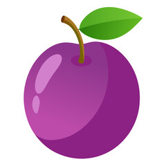 Vector art of a luscious plum illustration, highlighting its smooth surface, slender stem, and vibrant green leaf in a clean style