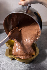 Woman pours cocoa cream in a snowman shaped bowl. Cook for Christmas dinner party.