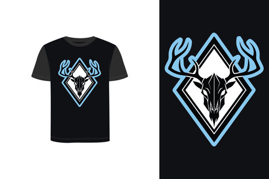 Tshirt mockup stylized deer skull with antlers in diamond emblem dark vector