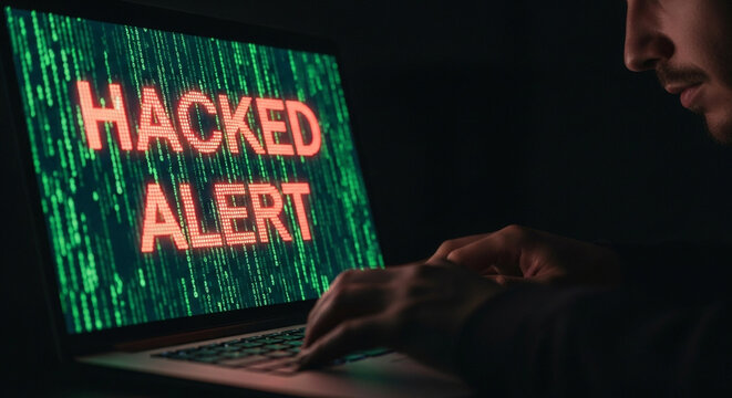 Urgent hacked alert displayed on laptop screen as programmer addresses cybersecurity threat in the digital era, emphasizing data protection
