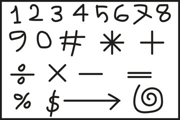 Hand Drawn Numbers Mathematical Symbols and Arrow on White Background digits arithmetic