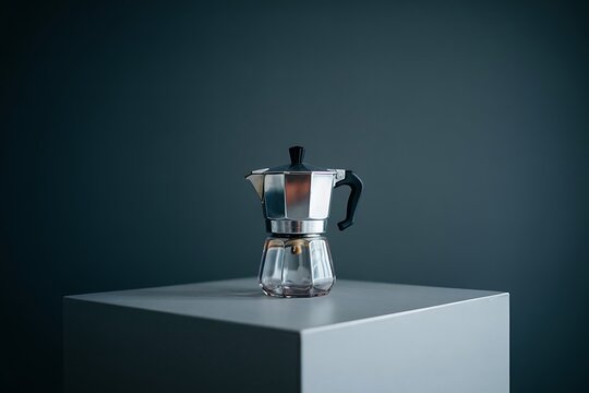 Classic Moka Pot Coffee Maker on White Pedestal