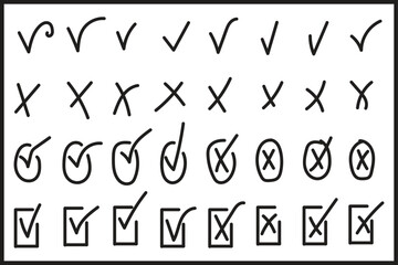 Set of Hand Drawn Check Marks and Crosses in Circles and Squares on White x mark tick