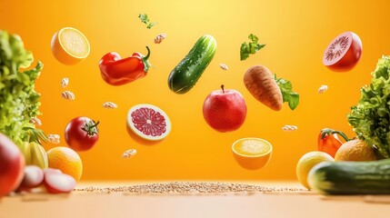 Healthy Lifestyle concept. Fresh and Vibrant Vegetables and Fruits in Mid-Air Against a Bright Orange Background