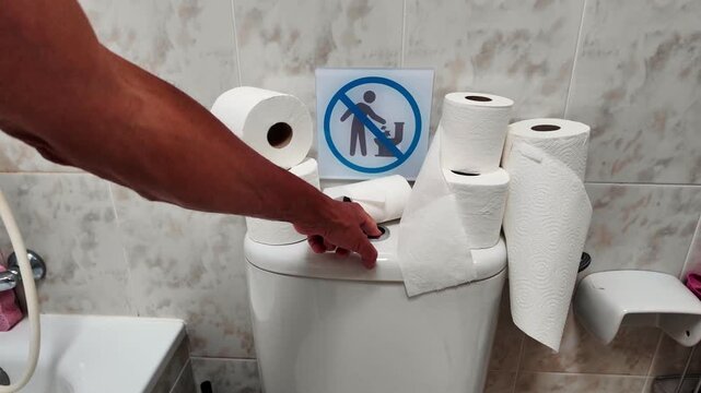 Slow-motion shot of a male hand flushing a toilet full of paper, ignoring the prohibition sign to avoid clogging the drain pipes, representing a plumbing and sewerage problem concept