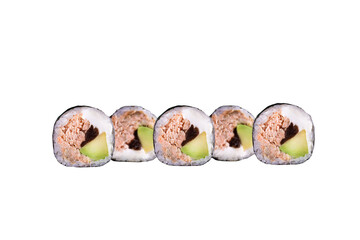 Baked tuna and avocado maki sushi roll with eel sauce

Traditional japanese maki roll with tuna, avocado and sauce

Classic baked tuna maki sushi with avocado