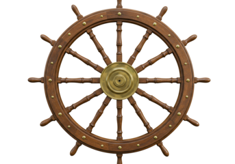 Wooden ship steering wheel isolated