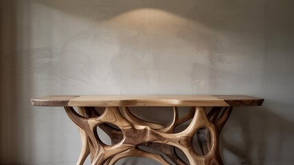 Modern artistic wood table with intricate design and details.