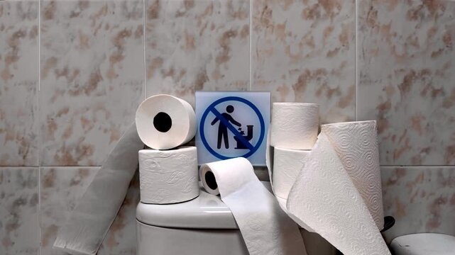 Prohibition sign warning not to throw paper and other objects into the toilet to avoid clogging the drain, placed on a toilet overflowing with rolls of toilet paper