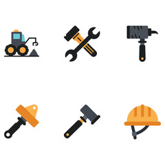 Construction and Building Tools Icon Set tractor hammer wrench nail gun level mallet hard hat equipment industry repair maintenance