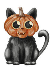 Watercolor isolated illustration of a cute black cat with a pumpkin head. Transparent background. Halloween cartoon animal character for holiday design and decoration