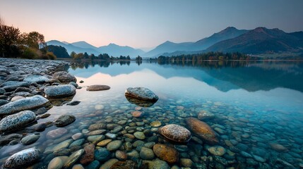 Tranquil lake at dusk reflects mountains, with rocks along the shoreline