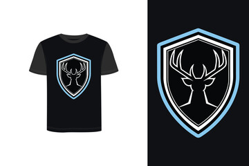 Tshirt mockup t shirt with blue shield emblem featuring stag antlers deer logo