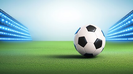 Naklejka premium Soccer concept. Soccer Ball on Green Field with Bright Stadium Lights Background for Sports and Athletic Themes