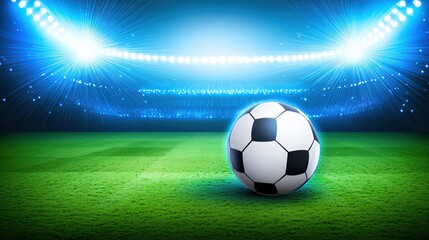 Obraz premium Soccer concept. Dramatic Lighting on a Soccer Ball in an Empty Stadium Scene with Bright Spotlight Effects and Vibrant Green Grass Surface