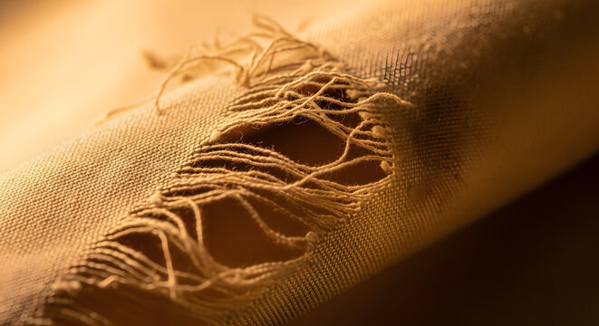 Close up of Woven Textile with Ripped Detail and Golden Hues