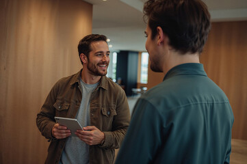 Two men smiling and talking in a modern office hallway