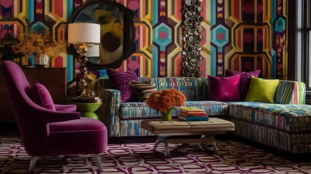 Colorful sectional sofa in a vibrant living room with a bold patterned wallpaper.