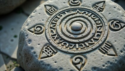 Pagan sun with ancient symbols intricately carved in stone with natural texture