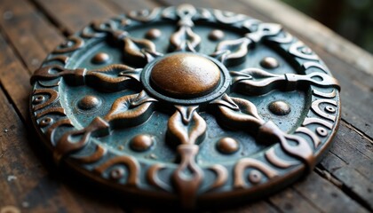 Intricate bronze pagan medalion with carved sun symbol, Nordic style and ornaments