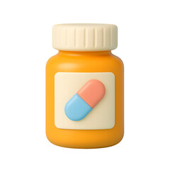 3D orange pill bottle with a white cap and a label with a blue and pink capsule transparent background png
