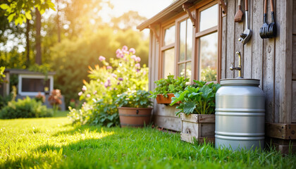Sustainable gardening with rain barrel by greenhouse, eco-friendly living