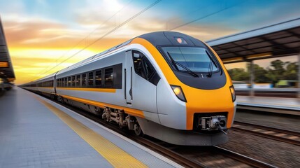 Naklejka premium High-Speed Train concept. Modern Train Passing Through Station at Sunset with Vibrant Sky and Sleek Design Highlighting Travel and Transportation Concepts