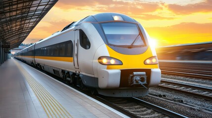 Naklejka premium High-Speed Train concept. Modern High-Speed Train Departing from Station at Sunset with Vibrant Sky and Platform in Foreground