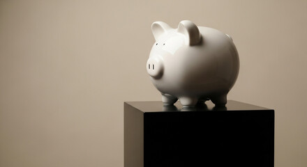 Elegant white piggy bank on display promotes financial planning and savings goals, symbolizing wealth and prosperity with a modern aesthetic