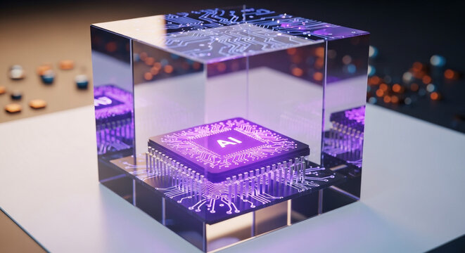 Discover cutting-edge AI technology with this sleek, modern microchip design showcasing artificial intelligence innovation in a transparent cube form