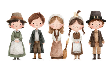 Cute cartoon pilgrim children in traditional clothing watercolor illustration for Thanksgiving isolated on white background