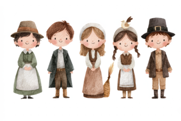 Cute cartoon pilgrim children in traditional clothing watercolor illustration for Thanksgiving isolated on white background
