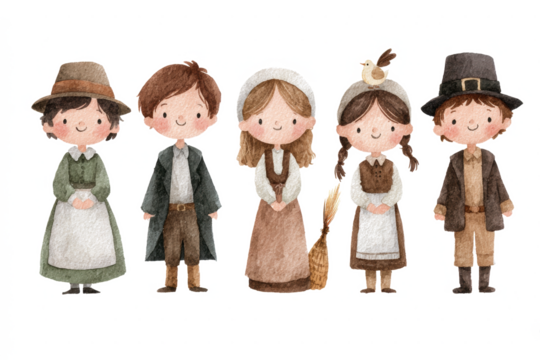 Cute cartoon pilgrim children in traditional clothing watercolor illustration for Thanksgiving isolated on white background