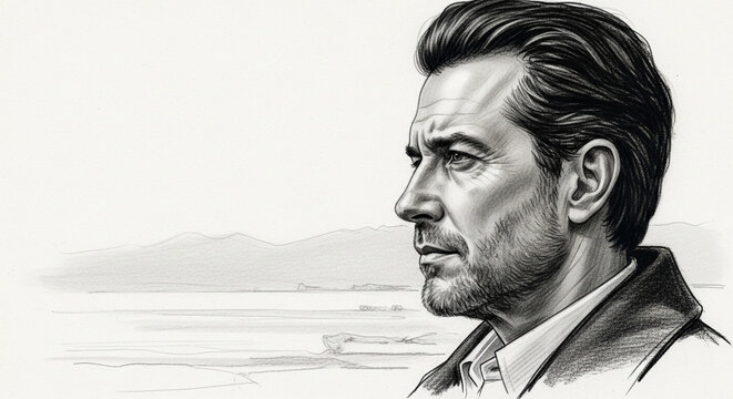 Thoughtful man gazes out at serene landscape, a stunning pencil drawing conveying depth and emotion for thoughtful reflection and artistic inspiration
