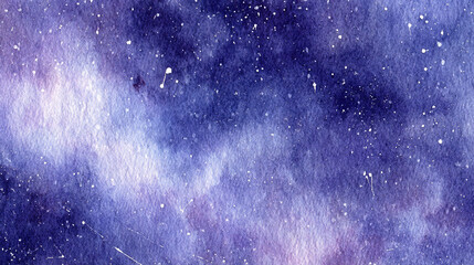 Fototapeta premium Watercolor night sky with stars in purple and blue tones, abstract galaxy background with artistic texture and cosmic mood