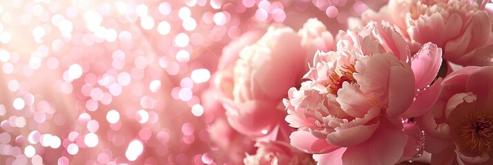 Delicate peonies, detailed petals, and a luminous background in the bokeh style are the concept of natural beauty.