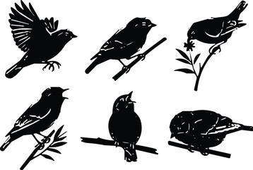 Bird silhouette vector set, perched and flying birds on branches, black wildlife icons, nature illustration, avian clipart, isolated graphic elements