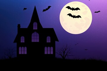 Fototapeta premium Halloween house. Spooky Haunted House with Full Moon and Flying Bats in a Dark Purple Sky, Perfect for Halloween and Eerie Atmospheres