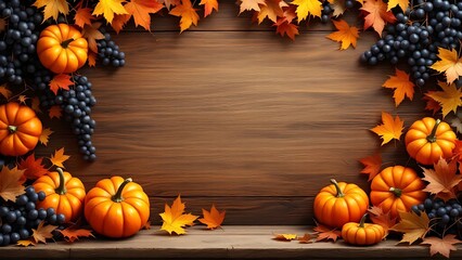 Fall pumpkins and grapes on wood background thanksgiving autumn harvest season still life seasonal decor on transparent background