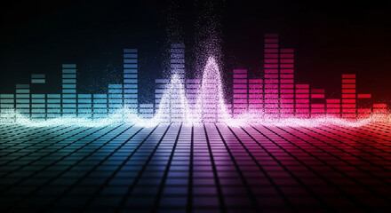 Vibrant digital equalizer pulses with dynamic light and particles, creating an energetic audio visual experience for modern music production or event promotion.