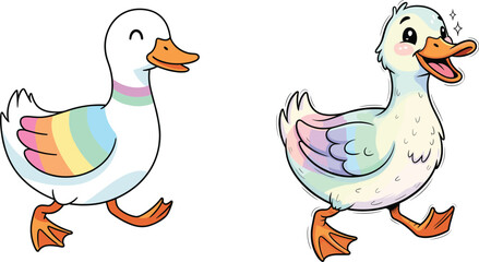 Colorful cartoon duck illustration, cute rainbow duck artwork, funny animal design, adorable pet drawing, creative vector clipart