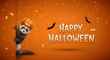 Fototapeta premium Cute ferret wearing a pumpkin hat peeking from the side with happy halloween text, celebrating the spooky holiday with bats and candy corn